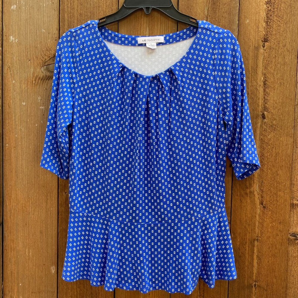 Liz Claiborne blouse // Royal blue squares // Gathered neck // Sz S // NWOT